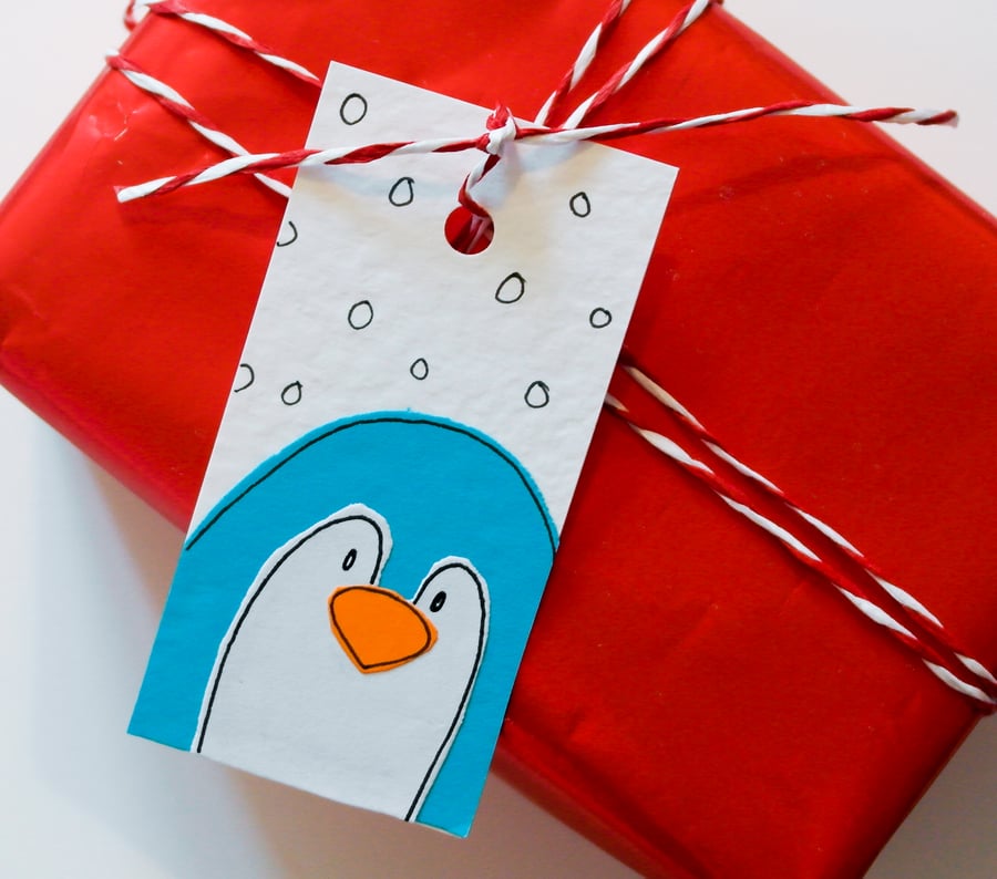 Gift Tags - Pack of 6 Handmade Gift tags -Christmas Penguin  - Winter Hang tag