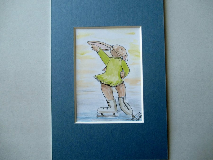 Ice Skater Skating Bunny Rabbit Dancer Dancing ACEO original painting in mount