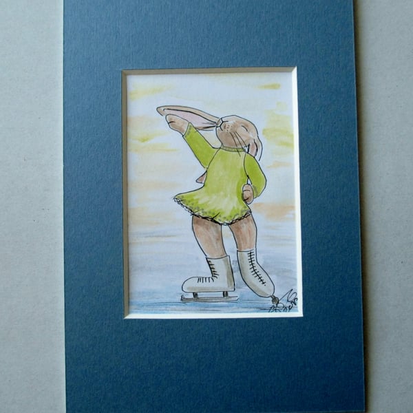 Ice Skater Skating Bunny Rabbit Dancer Dancing ACEO original painting in mount