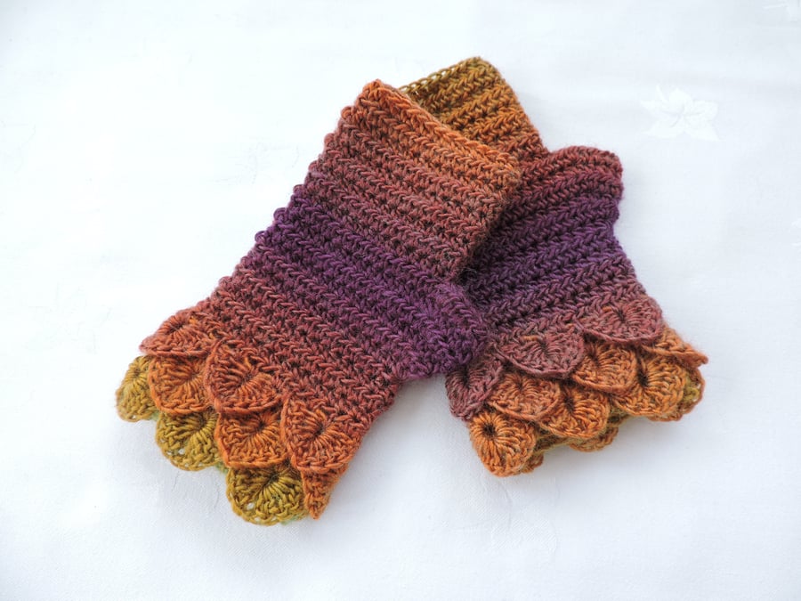 Crochet Fingerless Mitts with Dragon Scale Cuffs Copper Aubergine Mustard 