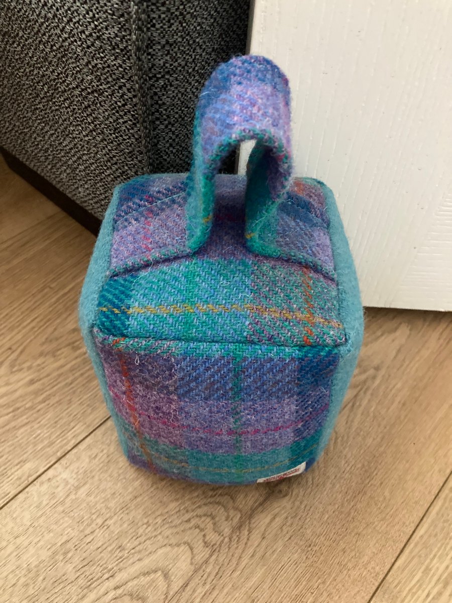 Kingfisher Blue and Violet Check with Turquoise Harris Tweed Door Stop 