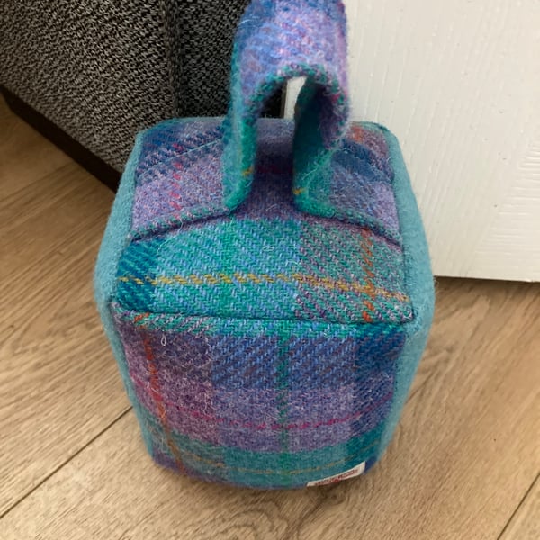 Kingfisher Blue and Violet Check with Turquoise Harris Tweed Door Stop 