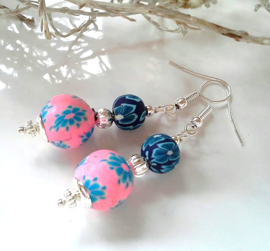 Pretty,  Feminine, Polymer Clay Silver Plated Earrings