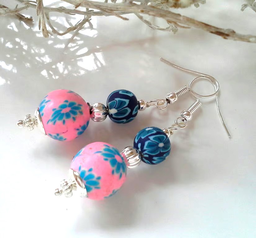 Pretty,  Feminine, Polymer Clay Silver Plated Earrings