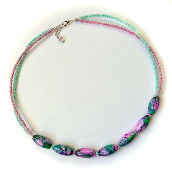 Chunky Pink and Green Beaded Necklace