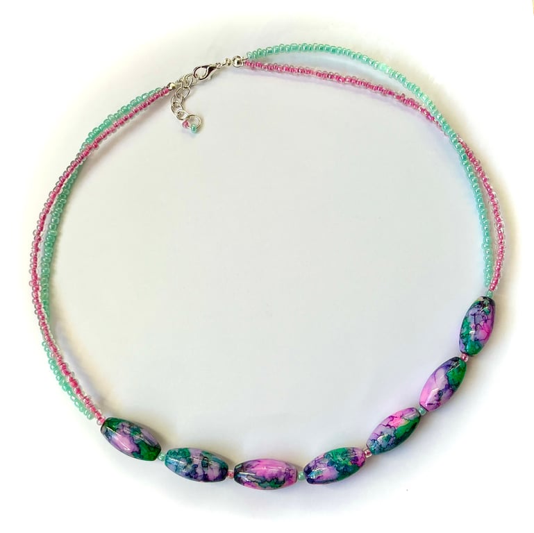 Chunky Pink and Green Beaded Necklace