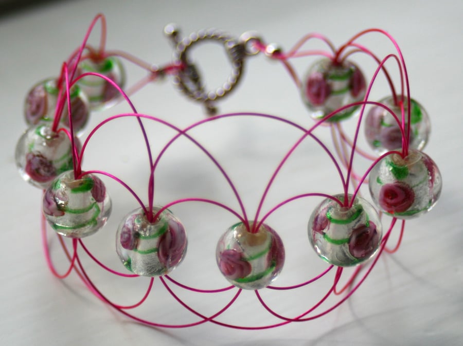 Pink rose bead cuff bracelet