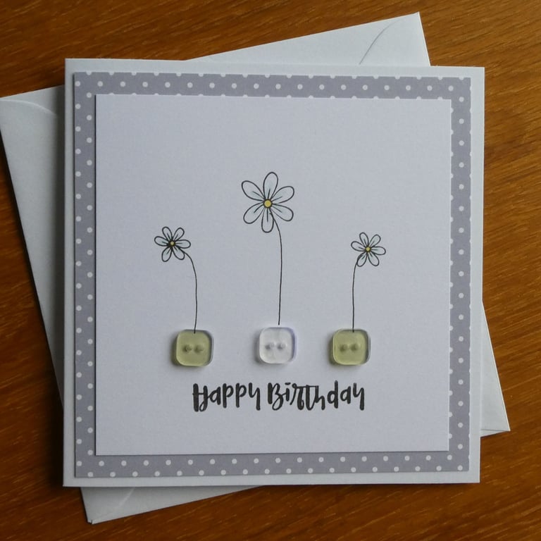 Happy Birthday Card - Daisies and Buttons - Grey