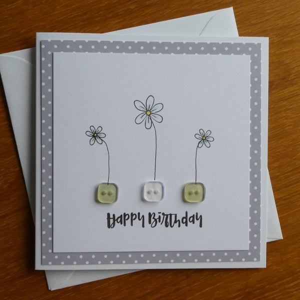 Happy Birthday Card - Daisies and Buttons - Grey