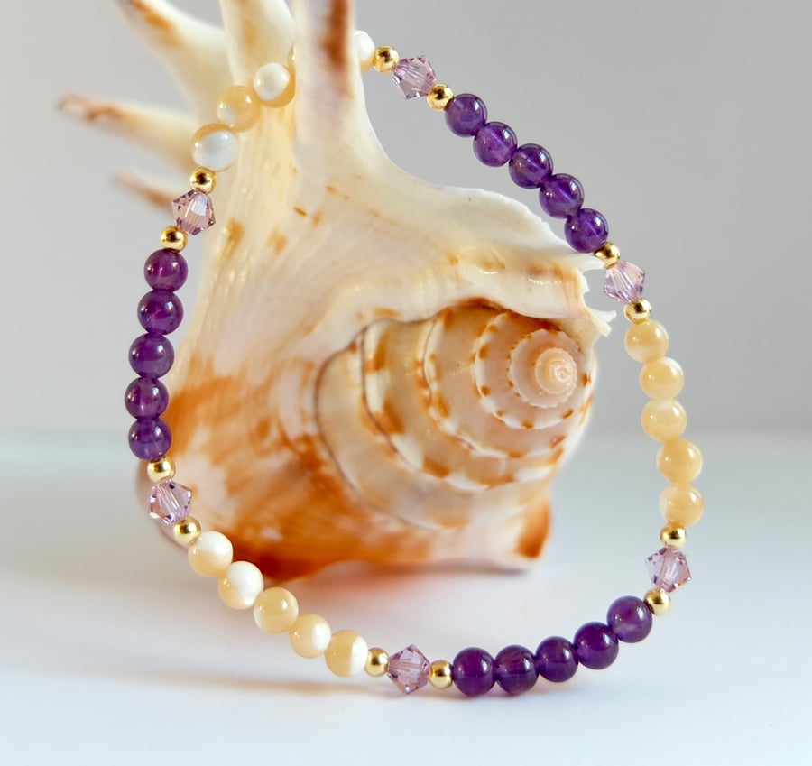 Amethyst, Swarovski Crystal And Mother Of Pearl Bracelet - Handmade In Devon.