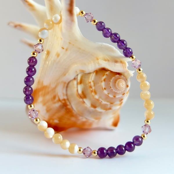 Amethyst, Swarovski Crystal And Mother Of Pearl Bracelet - Handmade In Devon.