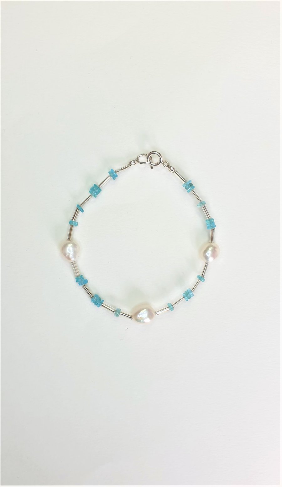 Sky Blue Apatite Bracelet With Sterling Silver And Freshwater Pearls