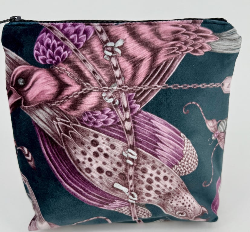 Handmade Emma Shipley velvet fully lined zip purse in black and pink bird design