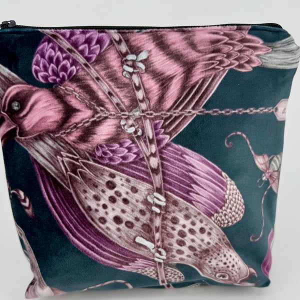 Handmade Emma Shipley velvet fully lined zip purse in black and pink bird design