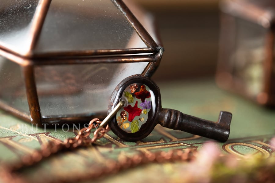 Tiny Antique Key Necklace Autumn Real Flower Necklace Autumn Jewellery Tiny Flow