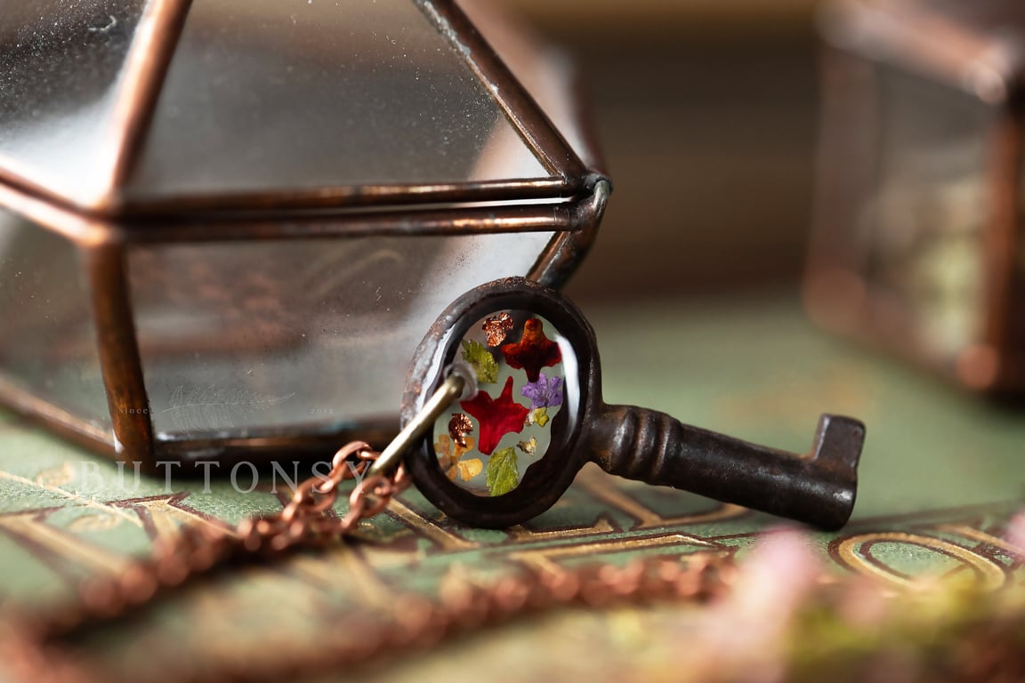 Tiny Antique Key Necklace Autumn Real Flower Necklace Autumn Jewellery Tiny Flow