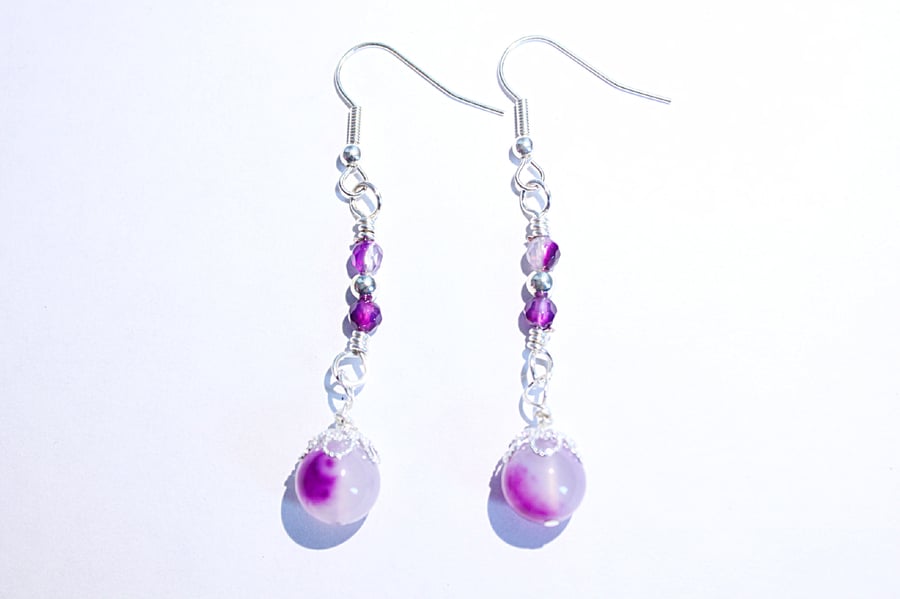 Purple agate and silver filigree wire wrapped dangle earrings