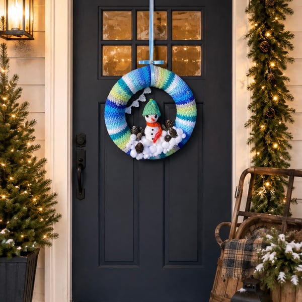 Handmade Snowman Winter Wreath Front Door Decor 