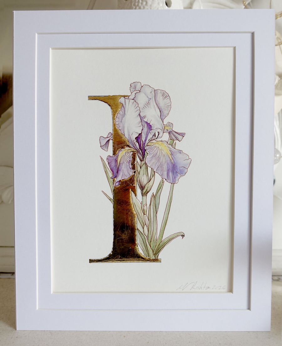 Perfectly Imperfect Watercolour Iris Flower with 23.5 carat gold letter I