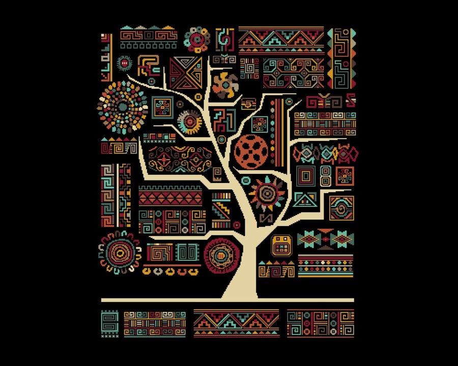 158A - African Aztec Inka Tribal Tree of Life - Earth - Cross Stitch Pattern