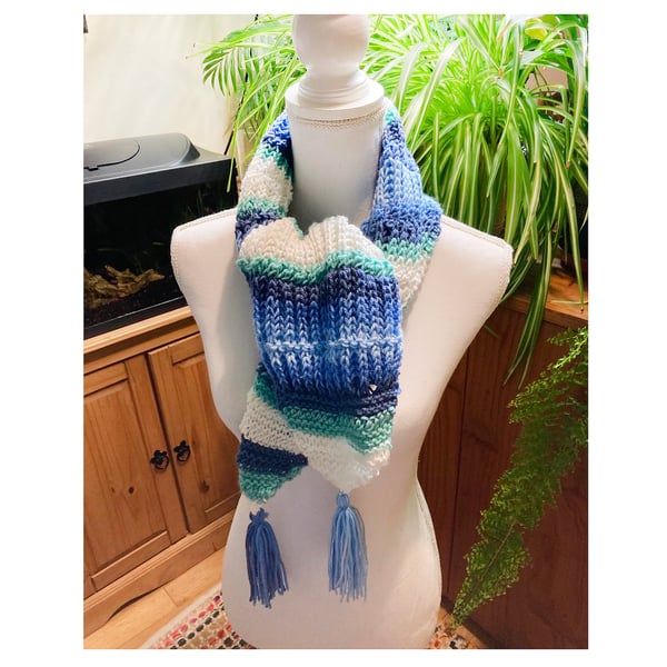 Knitted blue white gradient neck wrap- shawl