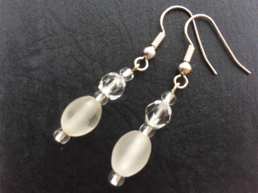 White and Clear Glass Bead Drop Earrings