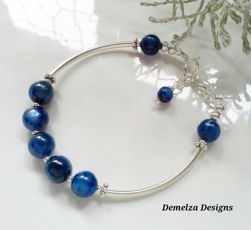 Designer Blue Kyanite Noodle Style Sterling Silver Bracelet