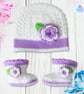 Crochet baby set, layette.  Lilac and white cardigan, hat and boots set 0-3 mths - Image 4