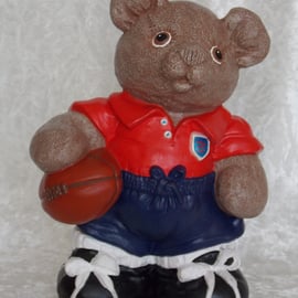 Hand Painted Large Standing Ceramic Brown Bear Rugby Player With Ball Ornament.