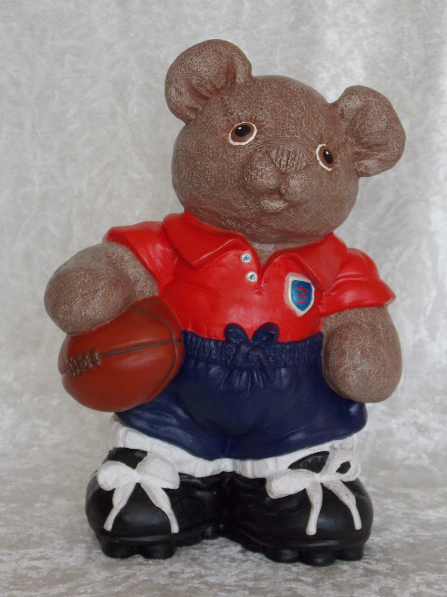 Hand Painted Large Standing Ceramic Brown Bear Rugby Player With Ball Ornament.