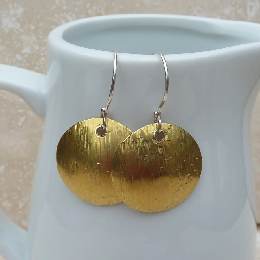Hammered Brass Dome Earrings with Sterling Silver Hooks - MET013