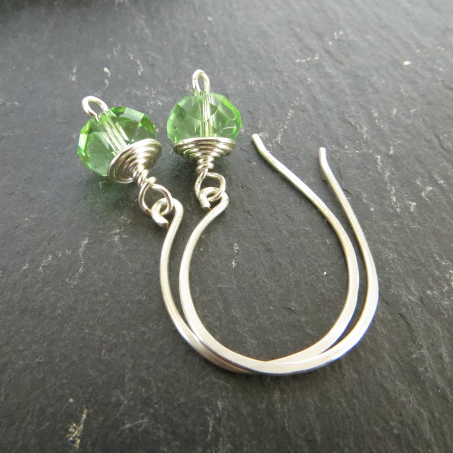 Green Earrings, Pale Green Crystal Earrings, Silver Wire Wrapped Earrings