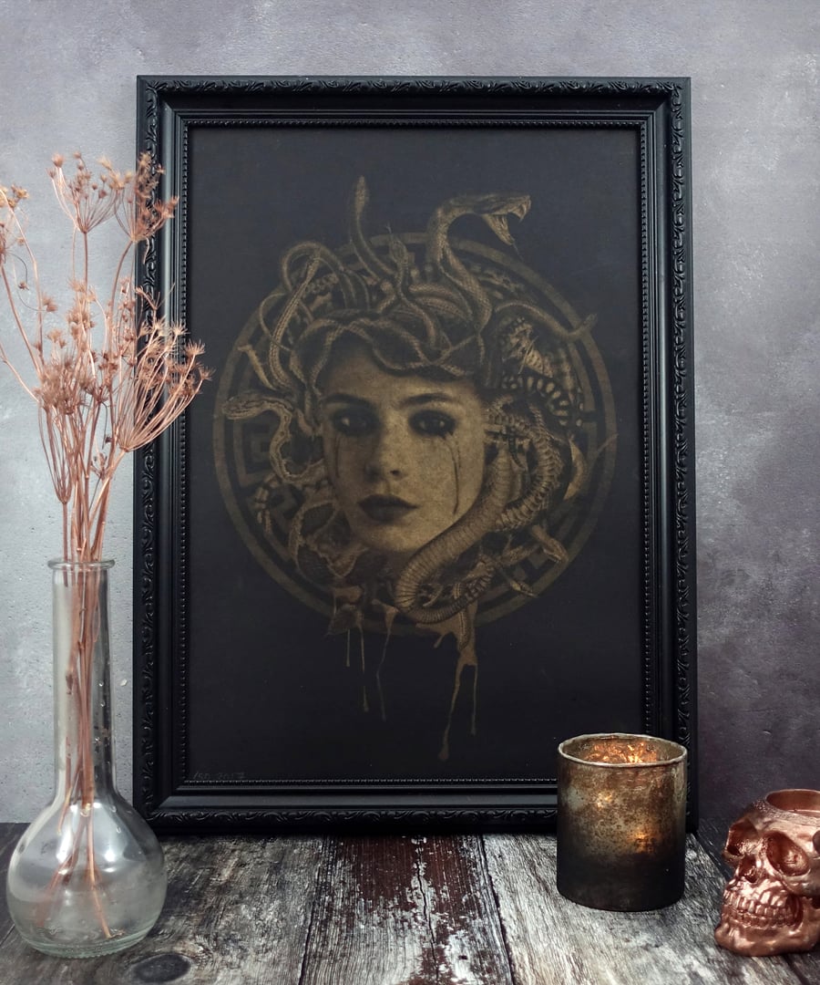 Medusa Black and Gold Risograph Art Print, Greek Mythology, A3