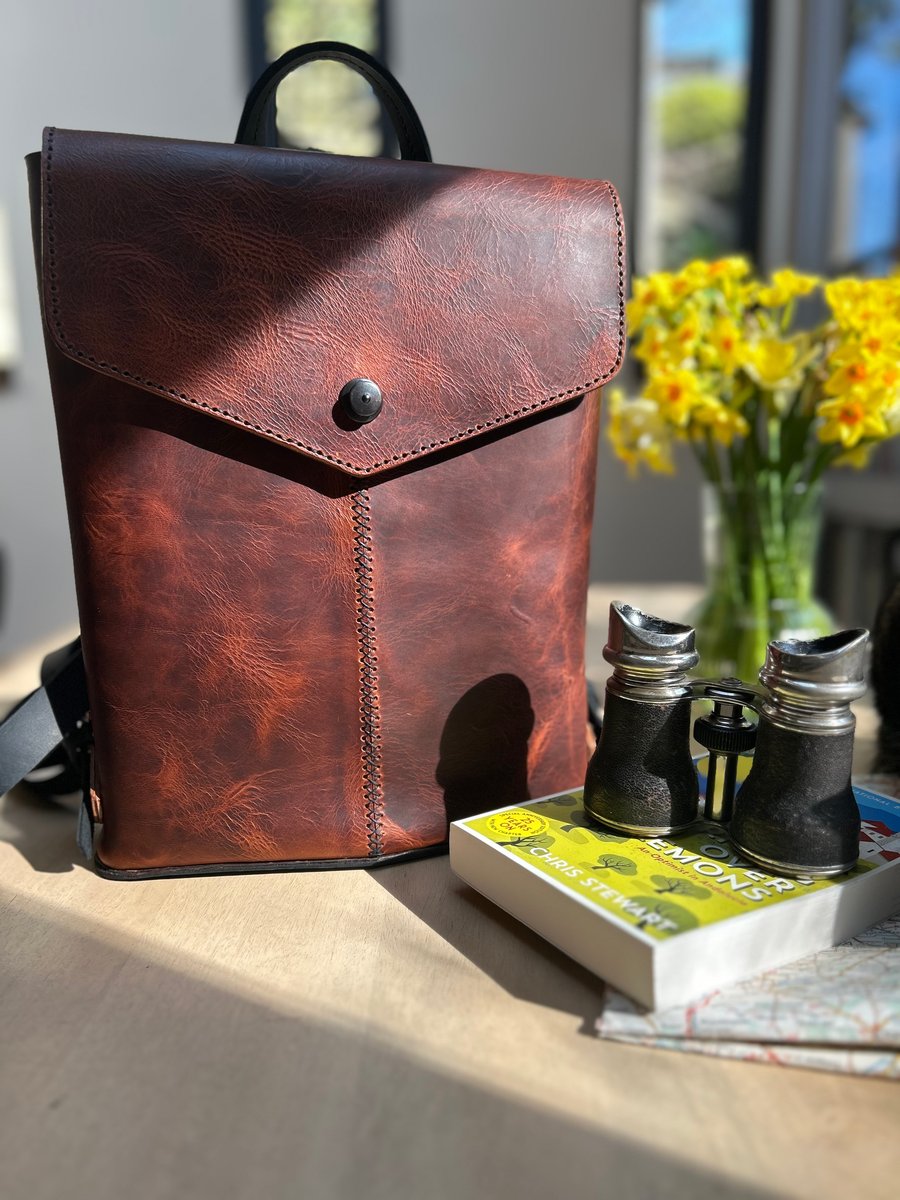 Leather backpack brown and black unisex handmade
