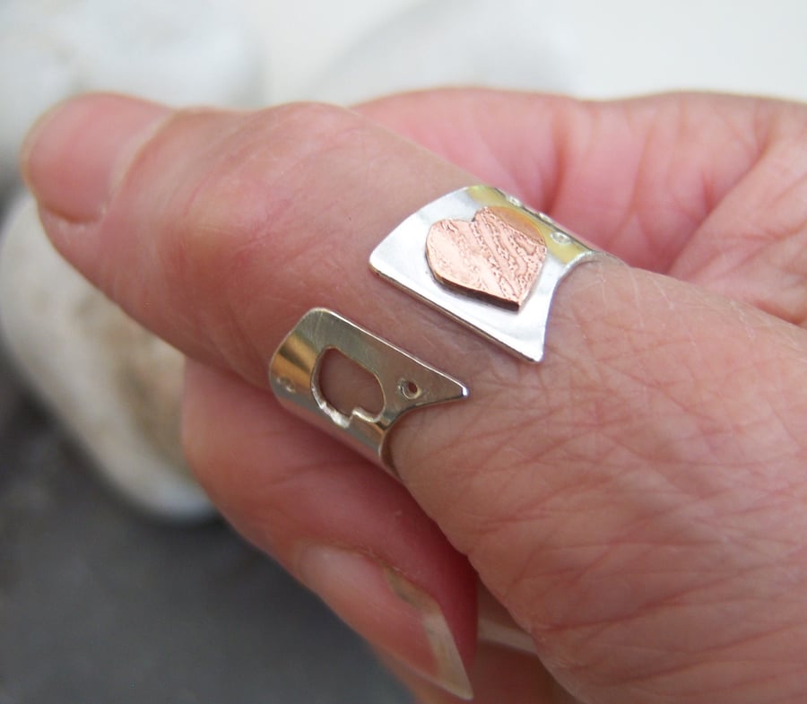 Heart gap ring in sterling silver and copper