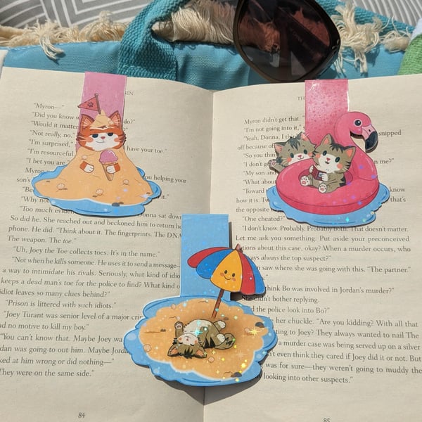 Beach Cat Magnetic Bookmark, Holographic funny cats Page Marker, Summer theme