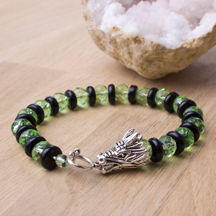 Dragon bracelet - Green and Black beaded dragon head bracelet