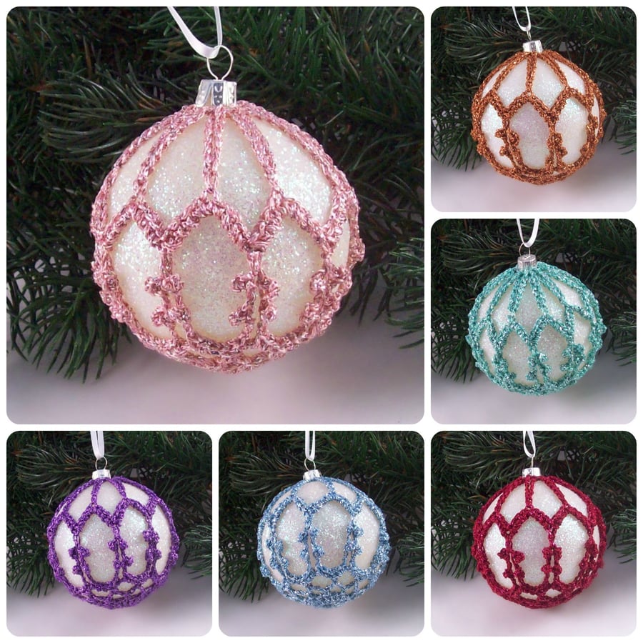Christmas baubles boxed set of 6 decorated with crochet lace