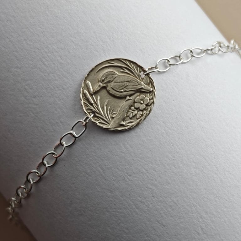 Kingfisher Engraved Sterling Silver Coin Bracelet