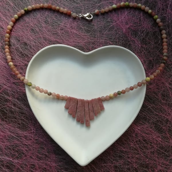 Necklace - Semi precious Rhodonite stones, rectangular & round beads