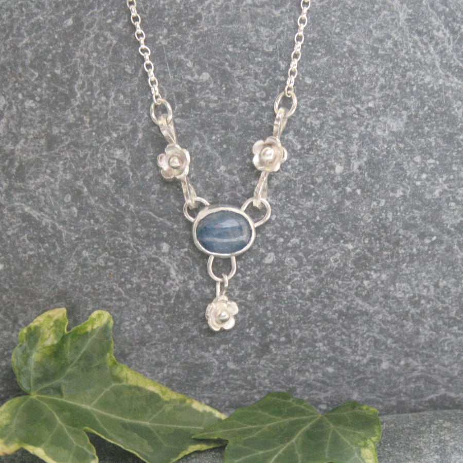 Sterling silver flower necklace with kyanite, dainty gemstone necklace