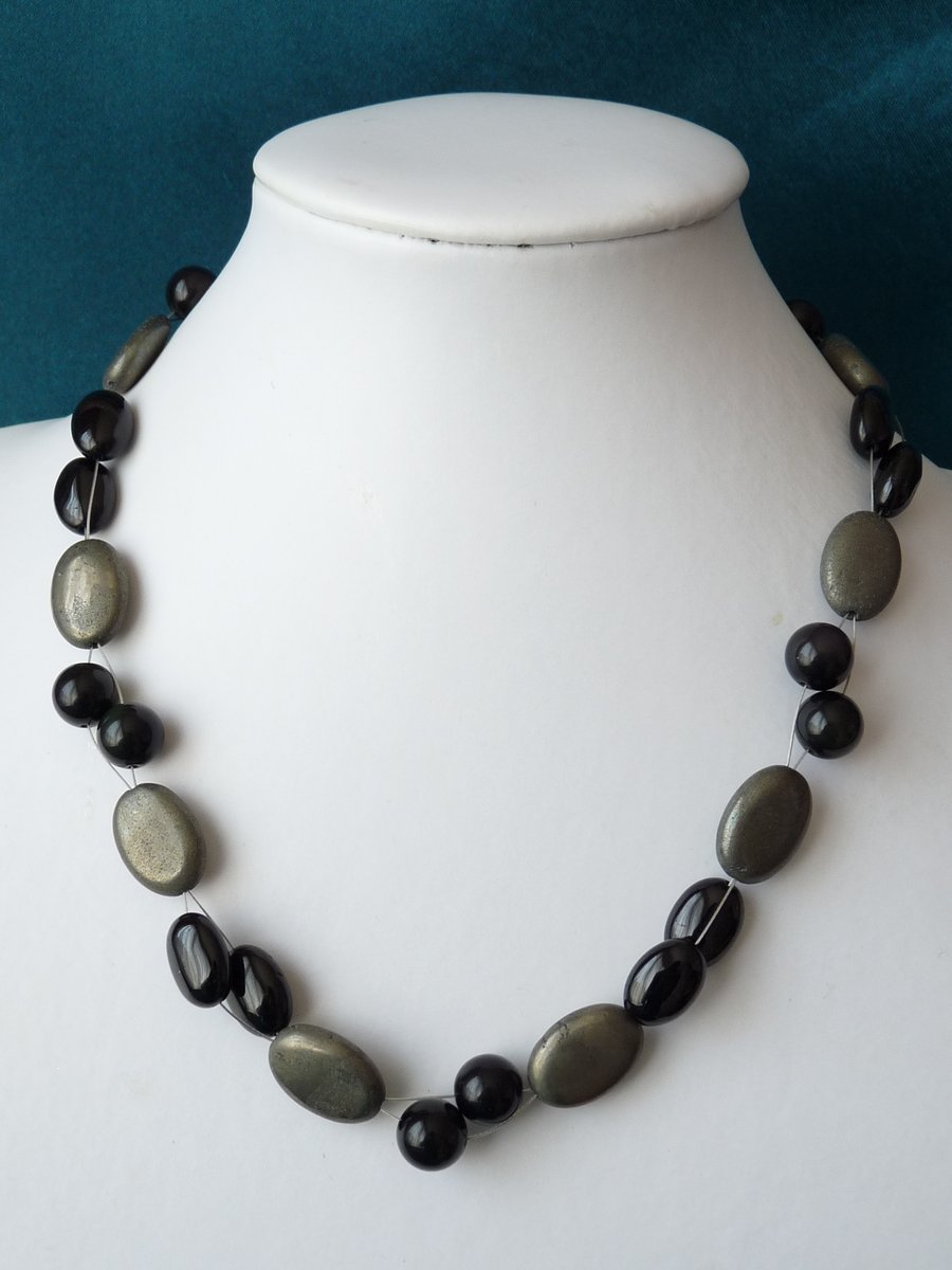 Black Obsidian, Black Tourmaline and Pyrite Necklace  - Sterling Silver 