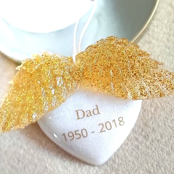 Personalised Angel Wings Memorial Heart Hanging - Remembrance Keepsake