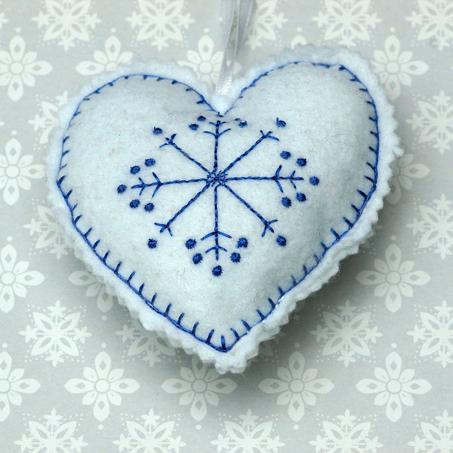 Embroidered felt hanging heart with snowflake detail