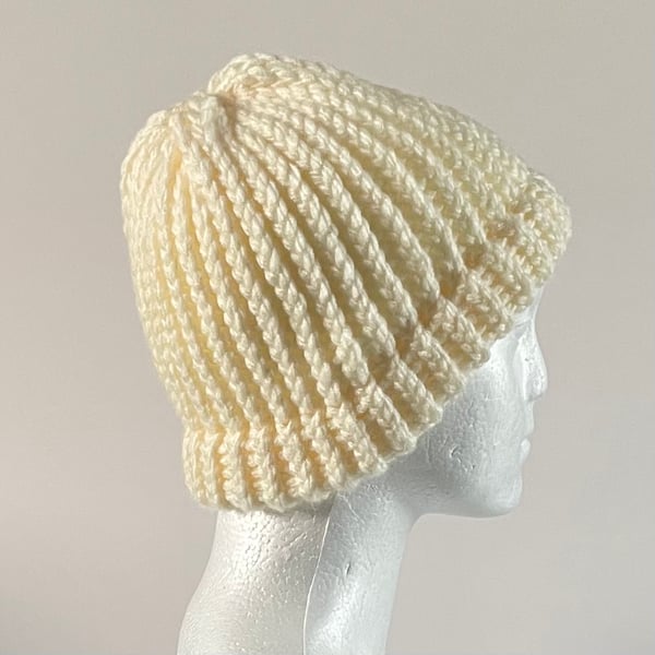 Chunky Cream Coloured Beanie with Fixed Brim, Available in two sizes 