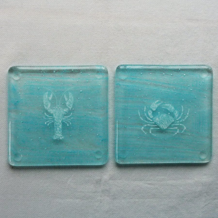 Crab and lobster, with bubbles, fused glass coasters. Set of two