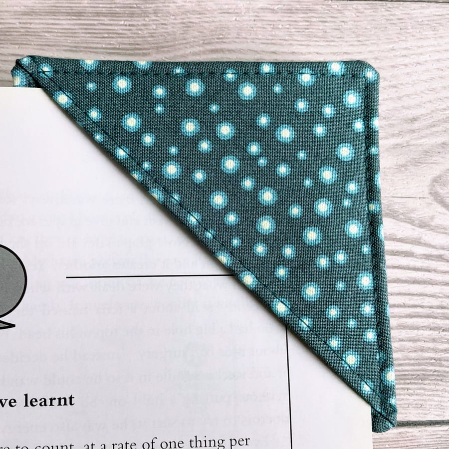 Green spotty cotton fabric corner bookmark. Book lovers gift.