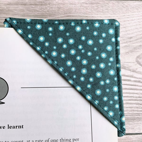 Green spotty cotton fabric corner bookmark. Book lovers gift.