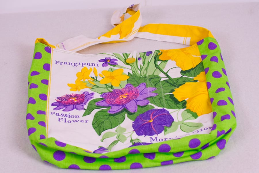 Unique  One of  Kind Upcycled Tea Towel Bag - Bright Tropical Flowers