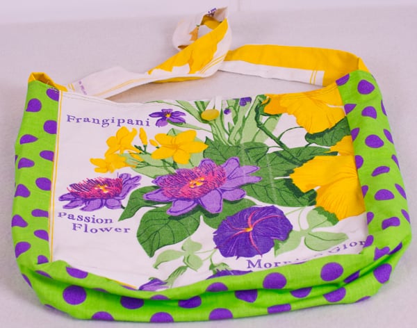 Unique  One of  Kind Upcycled Tea Towel Bag - Bright Tropical Flowers